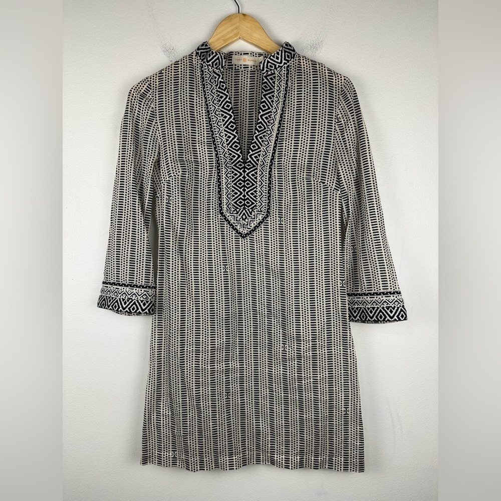 TORY BURCH Corossol Black White Cotton V-Neck Mini Dress Coverup‎ Sz 0